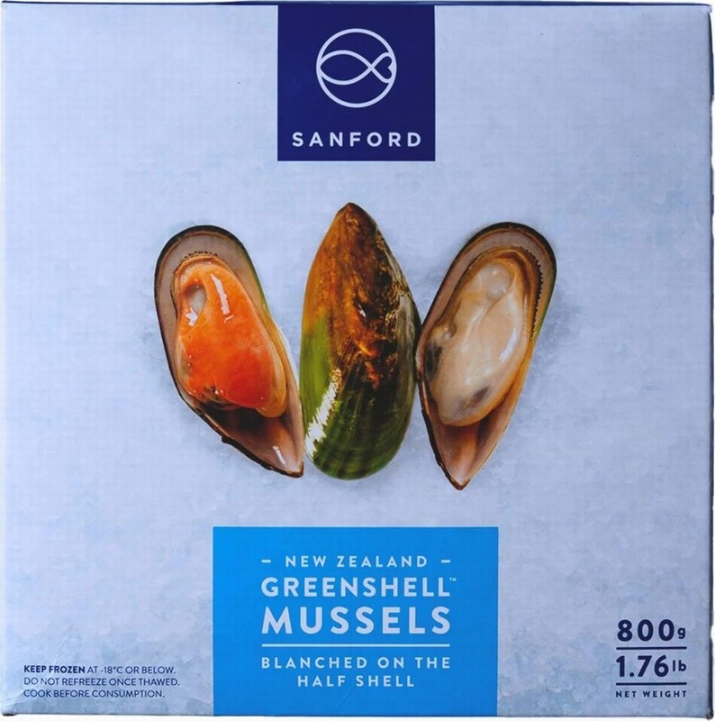 SANFORD 30-45 MUSSELS NZ GRN 1/2 SHELL 800G